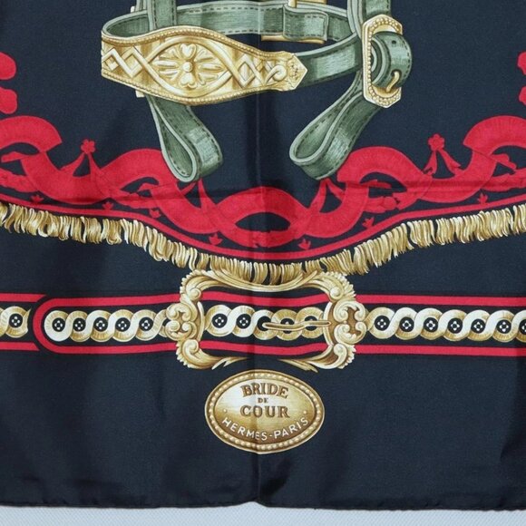 HERMES Carre90 Scarf ""BRIDE DE COUR"" Silk Black Auth BA4252 - Picture 5 of 14